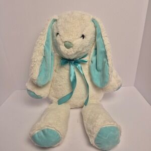 DanDee Bunny Plush White Teal Floppy Ears Satin Ribbon 16" Stuffed Animal‎